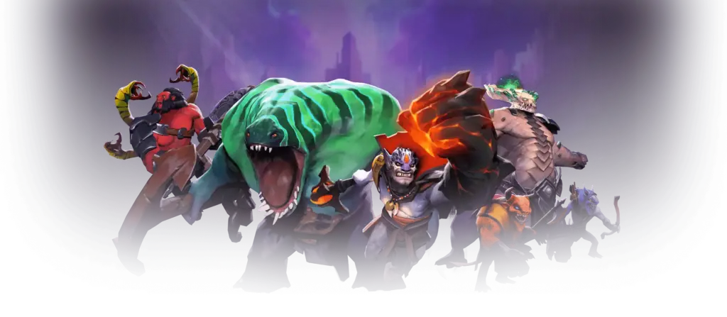 Epicki baner fantasy z grupą potężnych bohaterów i potwornych stworzeń, oświetlony dramatycznym fioletowym światłem.